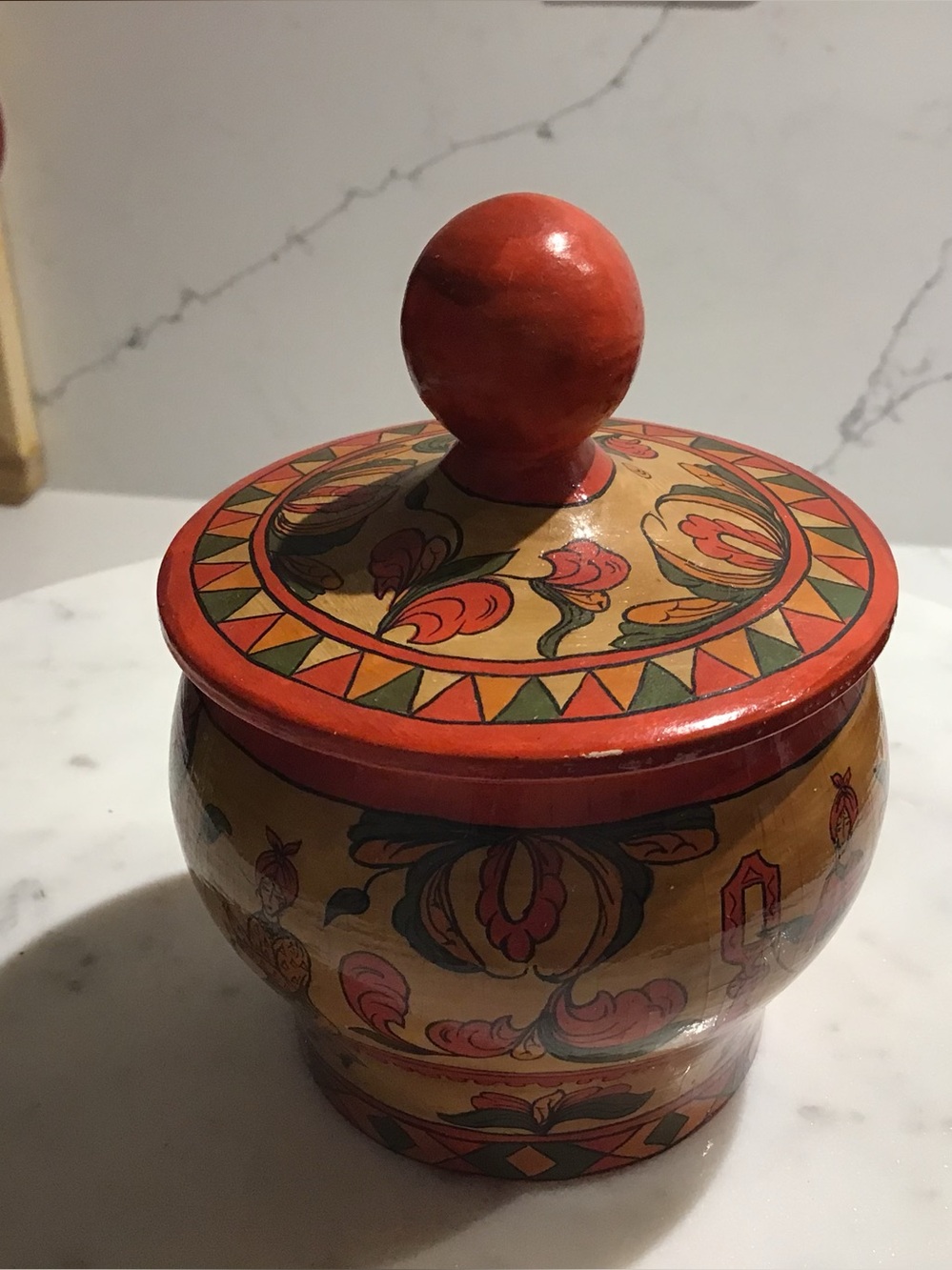Hand-Painted Red and Gold Decorative Wooden Lidded Jar - Folk Art